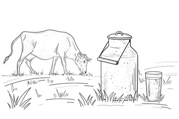 Rural landscape with cow and milk. Hand drawn village sketch with agriculture and domestic animals, pasture and house. Dairy products, harvest and countryside concept. Linear flat vector illustration