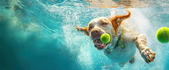 Dog catching tennis ball underwater in pool. Pet action and swimming content