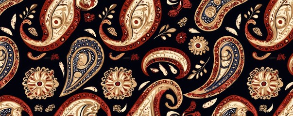 A digital design featuring a paisley pattern, with a mix of bold colors and intricate details
