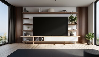 Modern minimalist home office with a large, empty black TV screen and stylish shelving. 3D Render