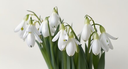 Fototapeta premium A cluster of snowdrop flowers with their white petals in bloom, set against a lush green background, perfect for nature, garden, and spring-themed designs