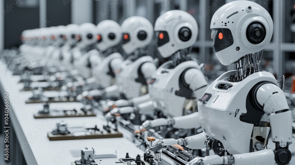 Poster AI-driven robotic companion factory, production line with humanoid robots and assembly stations, High-tech style