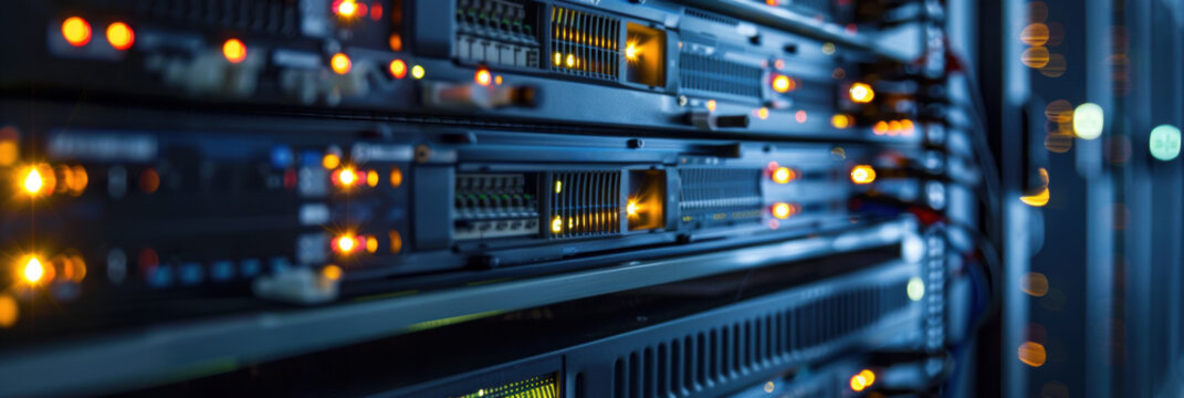 A close-up view of illuminated server racks with blinking lights and network equipment in a modern data center. The soft glow highlights the activity of the connected hardware