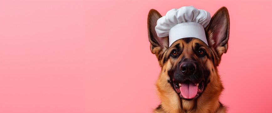 German shepherd dog wearing white chef hat on pink background. Pet food and cooking blog content