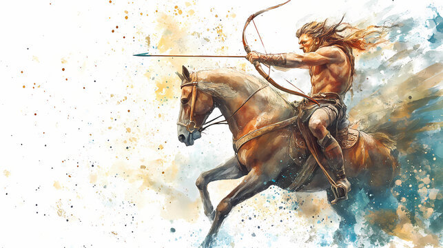 A watercolor illustration of a centaur riding a horse and shooting an arrow. Centaurs in Battle. Illustration