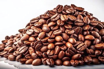 Naklejka premium Vintage Style Photography of Heap of Roasted Coffee Beans on White Background with Copy Space