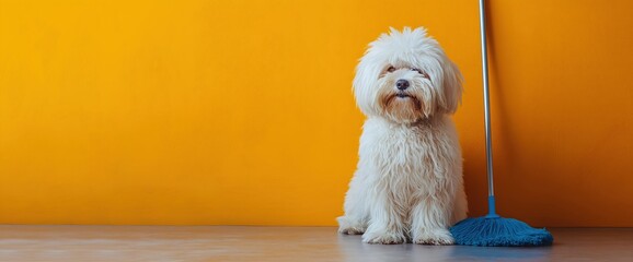 White maltipoo with blue mop on yellow background. Pet cleaning services and home maintenance advertising