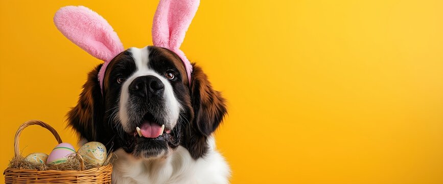 Saint bernard dog with bunny ears and Easter basket on yellow background. Pet holiday celebration and seasonal content