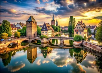 Obraz premium Vintage Style Photography of Pont Couverts Bridges over the River Ill in Strasbourg, France