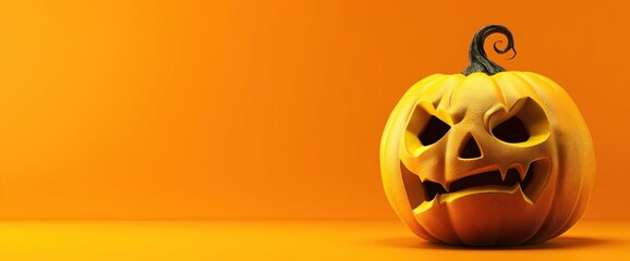 Halloween pumpkin with carved face on orange background. Holiday decoration and seasonal content marketing