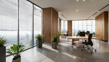 Obraz premium Modern wooden and concrete coworking office interior with empty mock up place on wall, panoramic window and city view, furniture and decorative plants, blinds. 3D Rendering