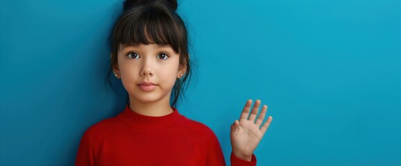 Girl in red sweater waving hand on turquoise background. Children fashion and gesture content marketing