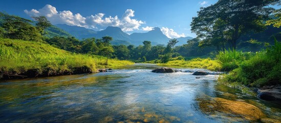 Fototapeta premium Tranquil river flowing through a lush green valley with mountains in the background.