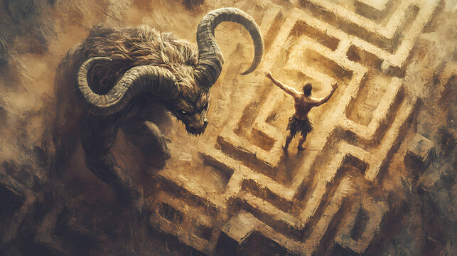 Above the labyrinth, theseus and the minotaur locked in battle, intricate maze visible , stable diffusion. Minotaur Labyrinth. Illustration