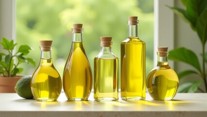 A row of glass bottles of different sizes and shapes, all containing oil