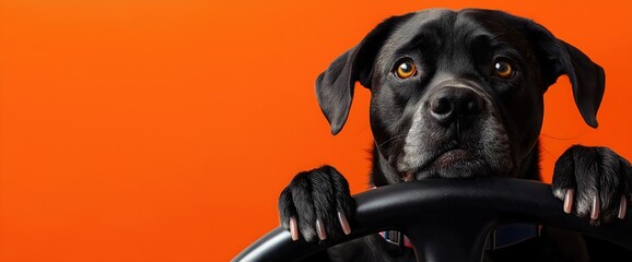 Black labrador mix holding steering wheel on orange background. Pet driving humor and automotive content marketing