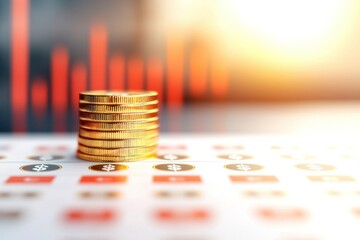 Stack of coins on financial documents with upward graph, soft background lighting.