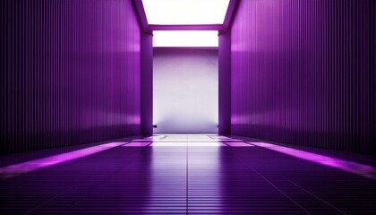 Perspective view on blank abstract hall with illuminated purple shadows walls and place for your product or car presentation on glossy floor. 3D rendering, mockup