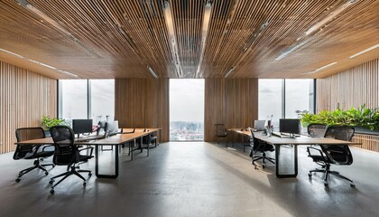 Obraz premium Side view on modern spacious coworking office with wooden wall partitions, modern computers on minimalistic style tables, concrete floor and glass wall instead windows. 3D rendering