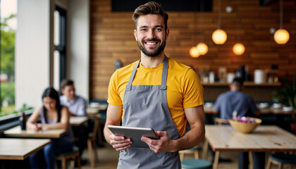 A Young waitrs in a yellow shirt and grey apron holding a digital tablet, standing in a modern cafe