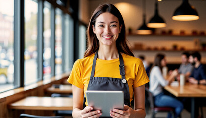 smiling waitress in a yellow shirt and grey apron holding a digital tablet, standing in a modern cafe