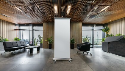 Obraz premium Sleek waiting room design featuring a roll-up banner for customizable displays in a modern office environment. 3D Render