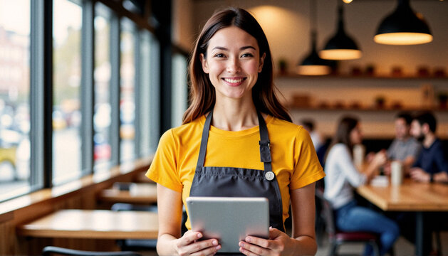 smiling waitress in a yellow shirt and grey apron holding a digital tablet, standing in a modern cafe