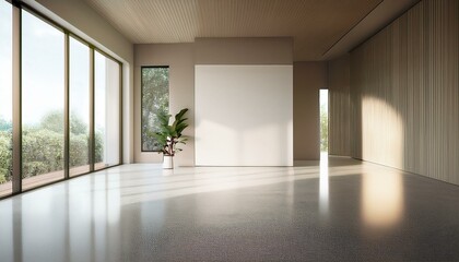 Fototapeta premium Sunny spacious hall room with blank wall, light glossy concrete floor and window. 3D rendering, mock up