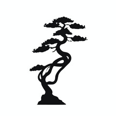 A silhouette of a bonsai tree with twisted, gnarled branches against a white background 
