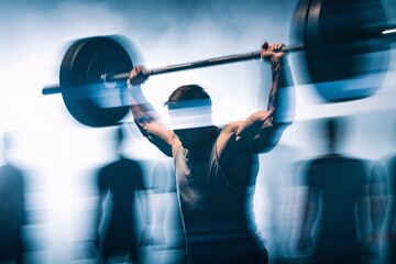 Weightlifting Power: A muscular man powerfully lifts a heavy barbell overhead, his strength and determination captured in a dynamic, artistic motion blur.