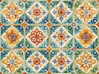 Vintage Watercolor Tile Pattern for Floor Design - Hand-Painted Square Ceramic Tiles Illustration