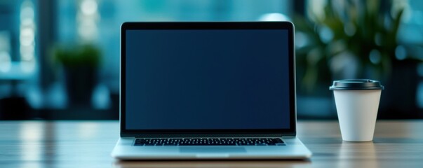 Laptop on a wooden table with a coffee cup next to it, bright office background.