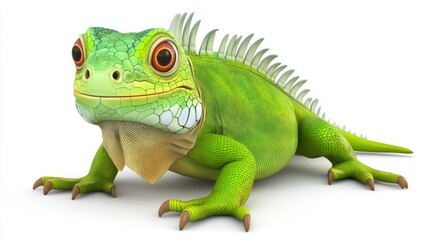 Obraz premium A green iguana with a bright orange eye looking straight ahead.