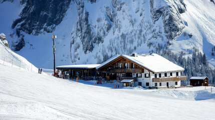 Naklejka premium Skiers having fun on a sunny day at a ski resort, with a mountain chalet restaurant and snow-capped peaks in the backdrop