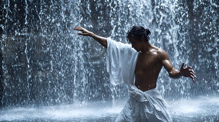 Fototapeta premium A male dancer, Afro-Caribbean descent, performs gracefully under a waterfall.