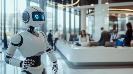 AI-powered robotic assistants helping in a bustling corporate office, modern workplace with automated administrative support, Office Automation style