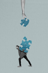 Vertical photo collage of upset man carry heavy puzzle segment determination development work...