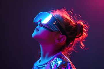 Fototapeta premium Kid girl wearing vr glasses light portrait purple.