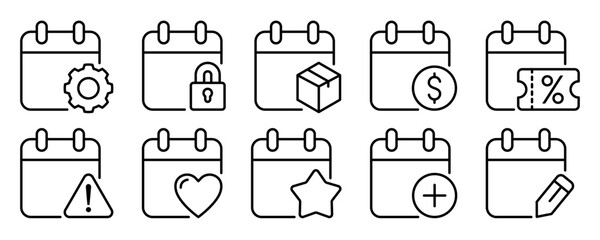 Calendar flat icon set. Deadline, calendar notification, reminder organizer. Containing date, schedule, month, week, appointment, agenda, organization, and event icons. Vector illustration.