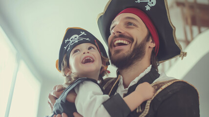 Father lifts his son in pirate costumes, sharing laughter and joy, creating happy memories filled with love and togetherness