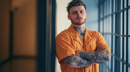Inmate in an orange jumpsuit stands with crossed arms in a jail cell block