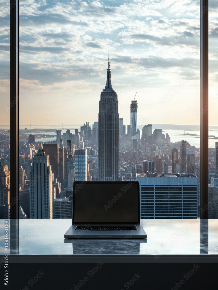 Poster a modern laptop rests on a desk against a backdrop of the new york city skyline at dusk, illuminated