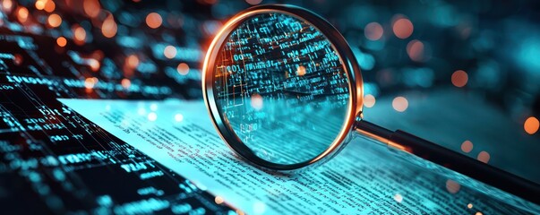 A detailed IT Security Risk Assessment depicted with a magnifying glass focused on a document, set against an abstract technological backdrop, highlighting the importance of cybersecurity scrutiny.