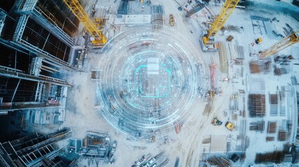 A cutting-edge AI-powered smart construction site management system, modern construction site with integrated tools for monitoring progress and ensuring safety, Construction Management style