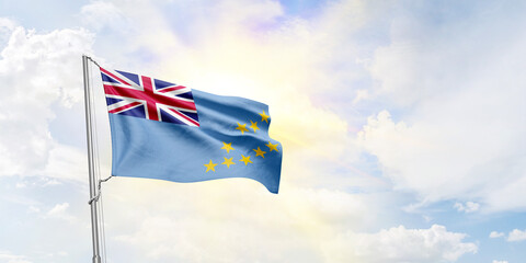 Tuvalu flag waving on sky background. 3D Rendering