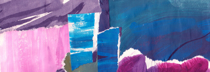 Blue pink purple abstract collage, torn paper pieces glued, horizontal banner background