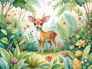 Fototapeta premium Watercolor Deer Illustration in a Woodland Setting for Kids' Decor and Nature-Themed Art