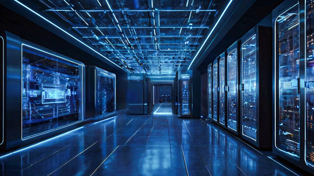 A futuristic, high-tech data huse with glows and vibrant dark-blue Pathways V3