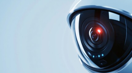 An advanced AI-powered surveillance camera with a clear view of its lens and body, modern tech environment with a neutral background, Futuristic style