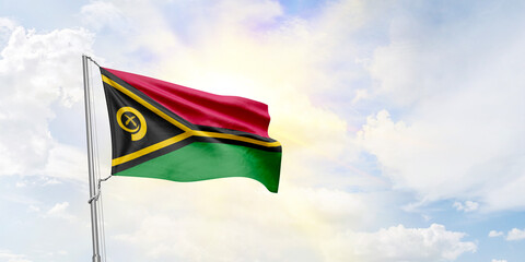 Vanuatu flag waving on sky background. 3D Rendering